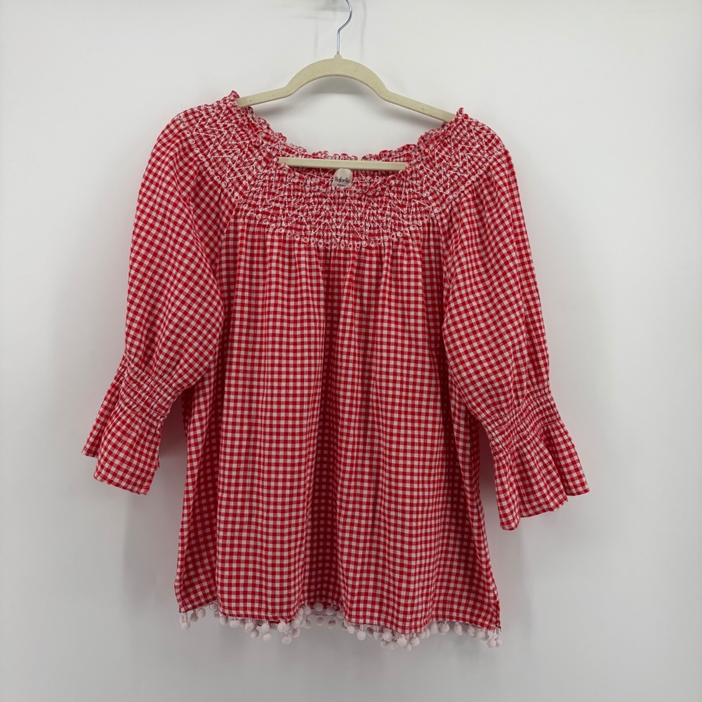 Rafaella Womens XL Red Gingham Top Smocked Pom Pom Hem 3/4 Sleeve Peasant Blouse